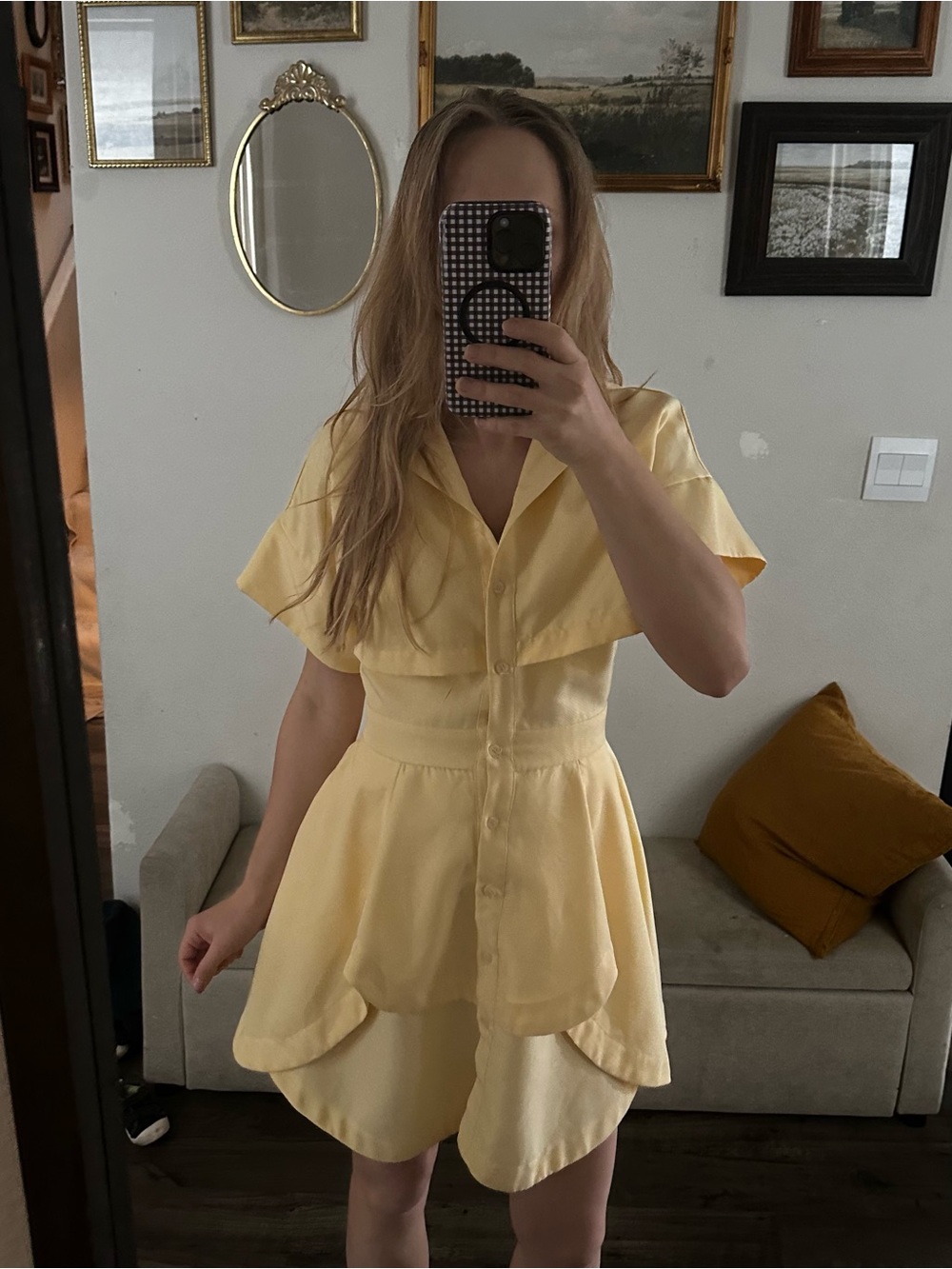 Yellow Button-Front Tiered Mini Dress